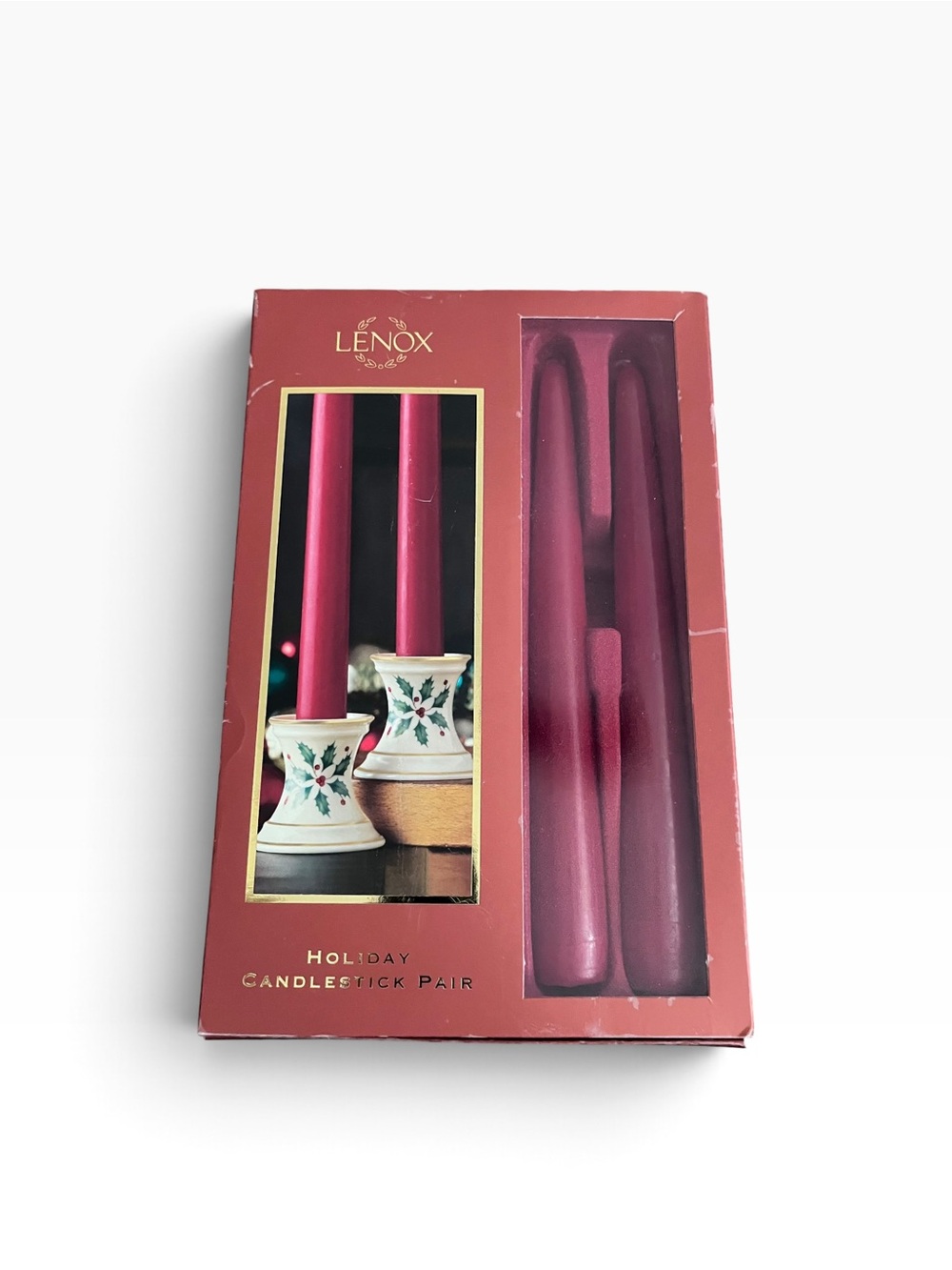 Lenox Holiday Gatherings Pair Of Candle Sticks, 2 Red Taper Candles Original Box